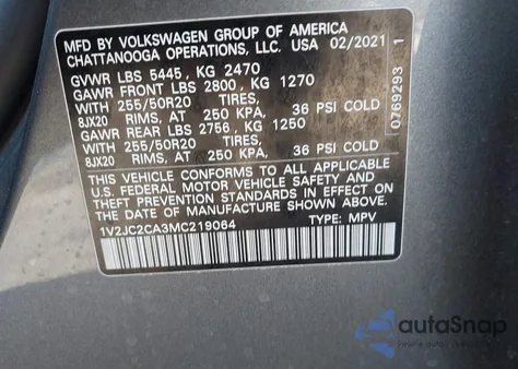 2021 Volkswagen Atlas Cross Sport 2.0T Se W/Technology z USA, uszkodzony, nr VIN 1V2JC2CA3MC219064